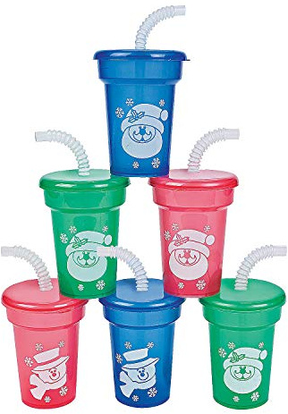 Fun Express Set of 12 Pieces Mini Christmas Sipper Cups with Straws and Lids, Each Holds 6 oz, Holiday Party Supplies, Multi-Color