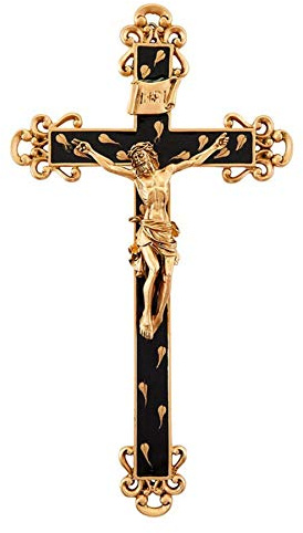 Golden Brown Epoxy Wall Cross Crucifix with Gold Toned Floral Details, Religious Home Decor, 10 Inch