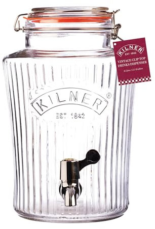 Kilner 5 Litre Vintage Glass Storage Jar with Dispensing Tap Embossed Logo and Ribbed Design Airtight Clip Top for Cocktails, Infused Drinks, and Parties
