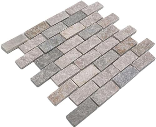 Mosaik Fliese Quarzit Naturstein Quarzit beige grau für BODEN WAND BAD WC DUSCHE KÜCHE FLIESENSPIEGEL, Mattengröße: 300x300 = 0,09 qm, Steingröße: 71x29x10 mm - 1 Matte
