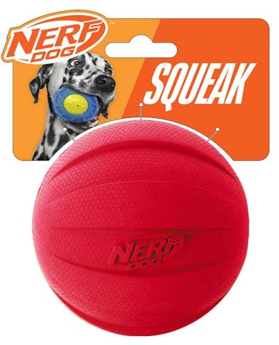 NERF Dog Gummiball Hundespielzeug mit interaktivem Quietscher, leicht, langlebig und wasserabweisend, 10,2 cm Durchmesser für mittelgroße/große Rassen, Einzeleinheit, Rot