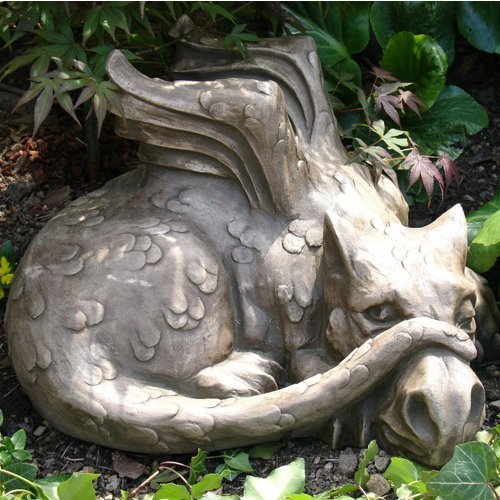 Vidroflor Drache LOLAR Old Smug blinzelnd, Steinguss Gartenskulptur, B/H: 42/27cm, wetterfeste Figur für den Außenbereich