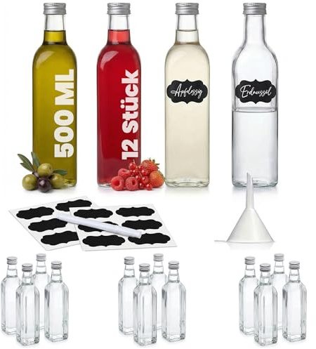 12 Botellas de Cristal vacías de 500 ml MAR para Zumo con tapón de Rosca, Botellas de 0,5 litros, Botellas de Licor, Botellas de Licor, Botellas de vinagre, Botellas de Aceite, 250 ml slkfactory