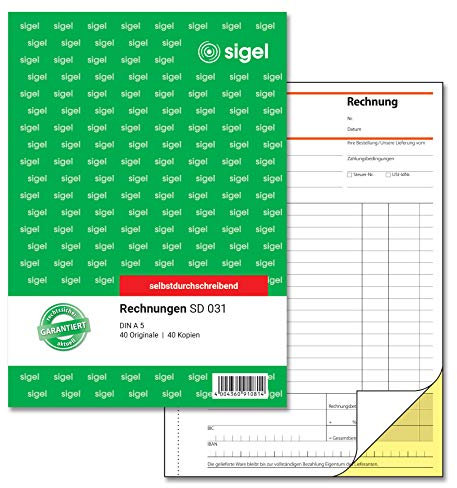 SIGEL SD031 Rechnungen, A5, 2x40 Blatt, selbstdurchschreibend, 1 Stück, mit Abheftlochung, aus nachhaltigem Papier, Rechnungsblock