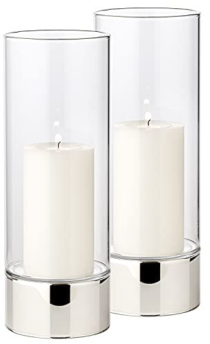 EDZARD 2er Set Windlicht Granada (H 25 cm, ø 9 cm) einteiliges Glas, Fuß in Silber-Optik, Kerzenglas Indoor und Outdoor, für Kerzen bis Durchmesser 8 cm, ideal für die Dauerkerze Cornelius von Edzard
