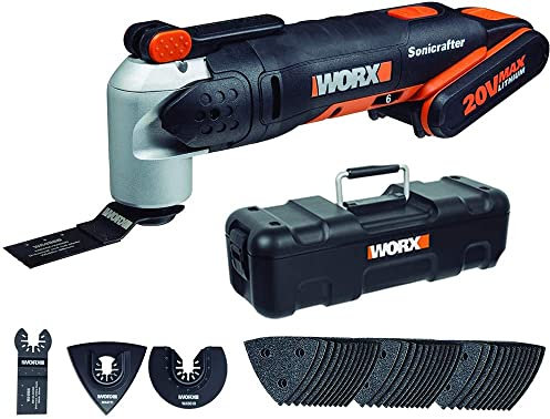 WORX WX678 Akku Multifunktionswerkzeug 20V – Multifunktionsgerät zum Schneiden, Polieren, Sägen uvm. – Inkl. Li-Ion Akku, Ladegerät, 39 teiliges Zubehör-Set & Werkzeugkoffer