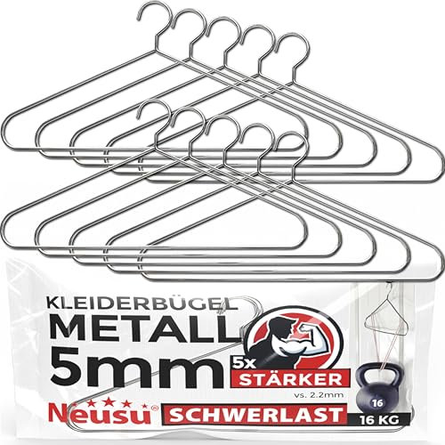 Neusu Kleiderbügel Metall, Stabil, 45cm x 5mm Dickes Metall - Extra Starke Garderobenbügel in Hotel-Qualität - (10 Stück)