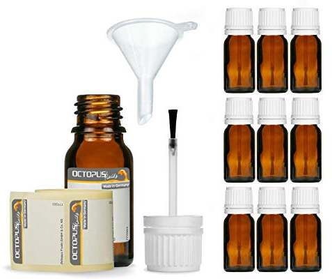 10 x 10 ml Pinselflaschen mit montierten Pinsel, Braunglasflasche mit Pinselverschluss, Nagellackflasche, z.B. für Lacke, Farben, Kleber, Öle