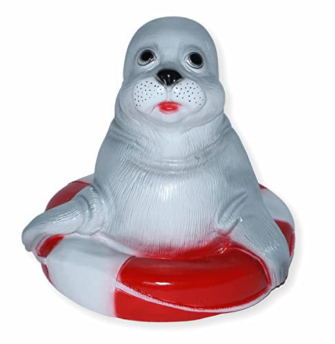 RAKSO Deko Garten Figur Gartenfigur Tierfigur Teichfigur Seehund im Rettungsring aus Kunststoff Höhe 22 cm