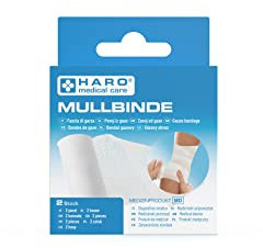 Haro medical care Mullbinde, 2 Stück, für luftdurchlässige Wundverbände, Fixierung von Wundauflagen an viel bewegten Körperteilen, zuschneidbar, elastischer Verband, Fixierbinde 4 m x 6 cm