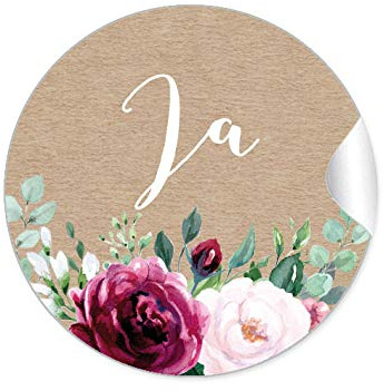 48 STICKER: Ja Etiketten als Dekoration ihrer Hochzeit • BOHO KRAFTPAPIER OPTIK BLÜTEN ROSEN GRÜN ROT ROSA BRAUN • Für ihre Tischdekoration oder Einladungskarten