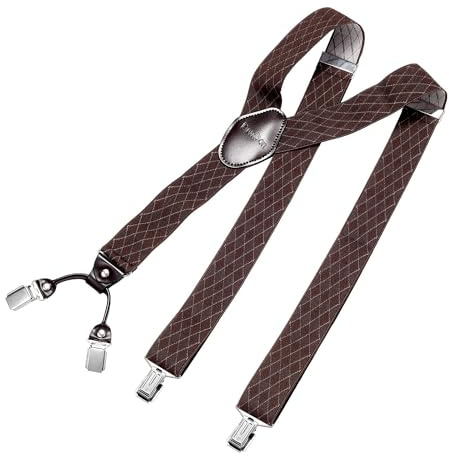 DonDon herr hängslen 3,5 cm breda 4 clips med brunt läder i Y-form elastiska och längdjusterbara - Ruta brun