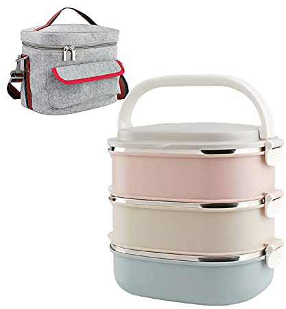 SJASD Edelstahl Bento Boxen, 3 Schicht Stapelbarer Thermos-Lebensmittelbehälter, Thermobehälter Lunchbox Snackbox für Erwachsene Büro Camping, mit isolierter Lunchtasche