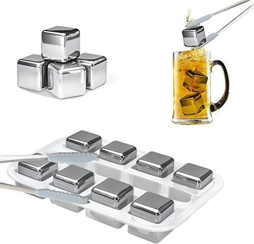 LessMo Edelstahl Whisky Steine, Edelstahl Kühlstein – Hohe Kühltechnologie - 8 Whisky Eiswürfel Wiederverwendbar, Geschenk für Männer, für Whisky, Wodka, Likör