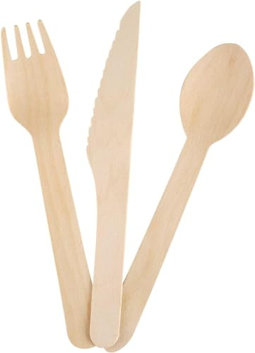 300 Pieces Disposable Wooden Cutlery Set - Biodegradable - 100 Wooden Forks, 100 Wooden Spoons, and 100 Wooden Knives - Natural Birchwood, Compostable, and Plastic Free