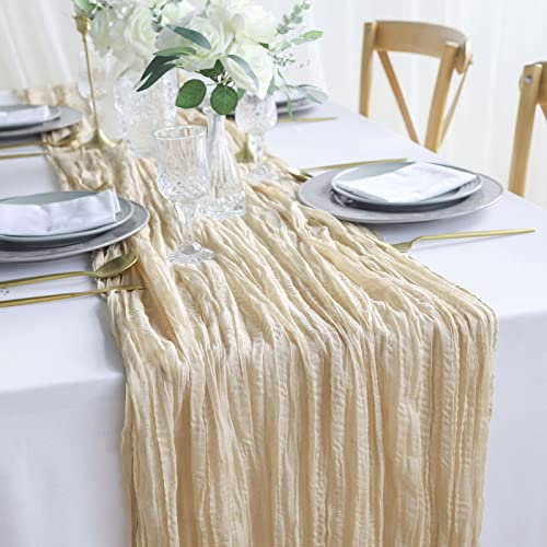 DROMCOM 10 Stück 90 x 300cm Beige Seihtuch-Tischläufer Rustikaler Gaze-Tischläufer, Romantischer Halbtransparenter Stoff Tischdecke Boho für Hochzeit Dekoration, Geburtstagsparty