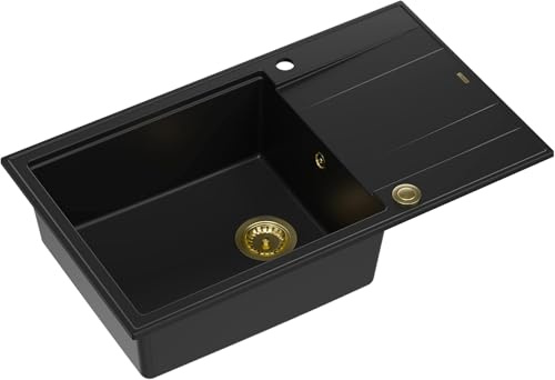 QUADRON Evier Carbone Pur + Pvd Doré | Taille 86 x 50 x 21 cm | Granit Evier en granit EVAN 136 XL Evier simple de cuisine | avec siphon manuel et égouttoir | 1 bassin Evier encastré