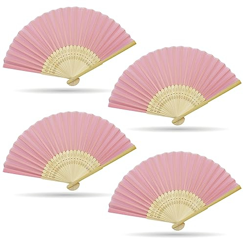 Grantop 4 abanicos de seda para bodas, juego de decoración, abanicos de mano de color rosa, tela de bambú, costillas chinas, ventilador plegable vintage para hombres y mujeres