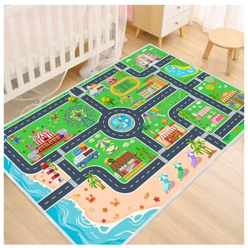 Kids Carpet Playmat Car Rug, Car Rug for Kids Toy Cars and Train, Non Slip Play Mat for Playroom Kids Room, City Life Educational Road Traffic Carpet for Classroom Nursery(Green,31×47in)