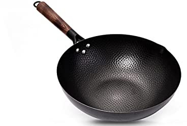 Wok-Pfanne aus gehämmertem Kohlenstoffstahl mit Holzgriff, chinesischer Eisentopf, 32 cm unbeschichtete Bratpfanne, antihaftbeschichtete Bratpfanne, geeignet für Induktion, elektrisches Erdgas – ein