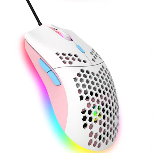 Trådbunden spelmus, 6 RGB-belysning 6400 DPI Programmerbara USB-spelmöss med 6 knappar, Honeycomb Shell Ergonomisk design för PC-spelare Xbox PS4 - Vit Rosa