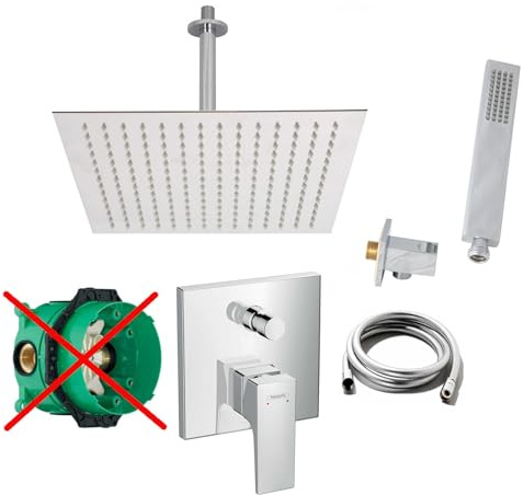 vanvilla Duschsystem Unterputz mit Duscharmatur Hansgrohe poliert HG22-ob | Duscharmatur von Hansgrohe Metropol Einhebelmischer und vanvilla Regendusche Duschkopf eckig, Dusch-SET poliert