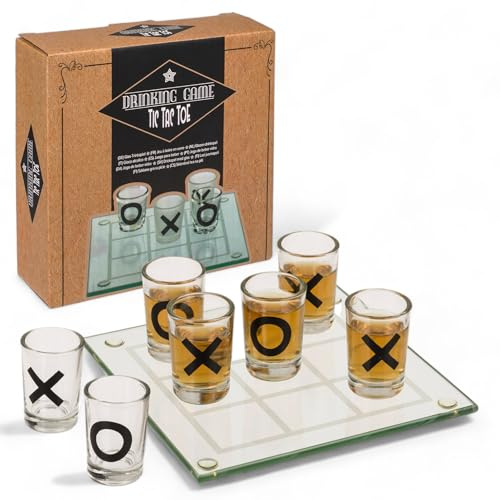 MIJOMA Gioco per bere Tic Tac Toe – divertente gioco per feste con 9 bicchieri, vassoio da gioco in vetro in 2 misure, design a cerchio e croce, garante divertente per amici e familiari (13 x 13 cm)