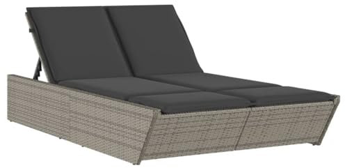 Gecheer Doppel Sonnenliege mit Kissen, Doppelliege, Gartenliege Relaxliege Sonnenbett Doppelbett Gartenmöbel Liege Grau Poly Rattan