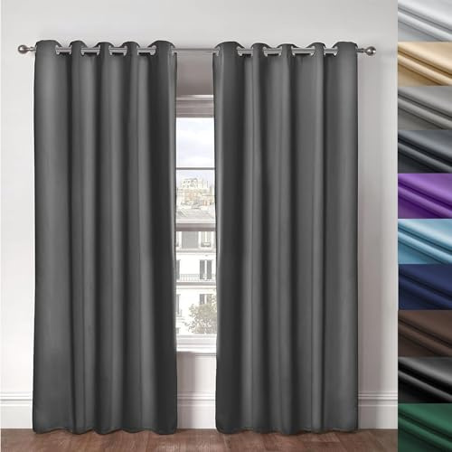 WUXXIANG Pencil Pleat Blackout Curtains 130 x 170 cm Super Soft Thermal Insulated, Thermal Insulated Curtains & Drapes, with Blackout Lining, for Windows and Doors, Dark Grey