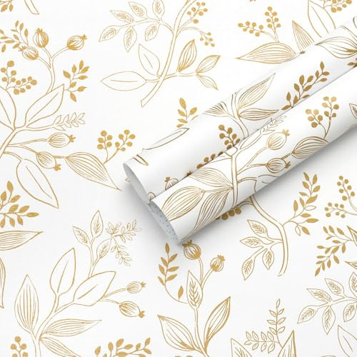 Fiula Peel and Stick Wallpaper Self Adhesive Wallpaper White and Gold Furniture Sticker Leaf 44cmx300cm Floral Contact Paper Vinyl Wrap for Furniture Bedroom Lining Paper Living Room Tropica