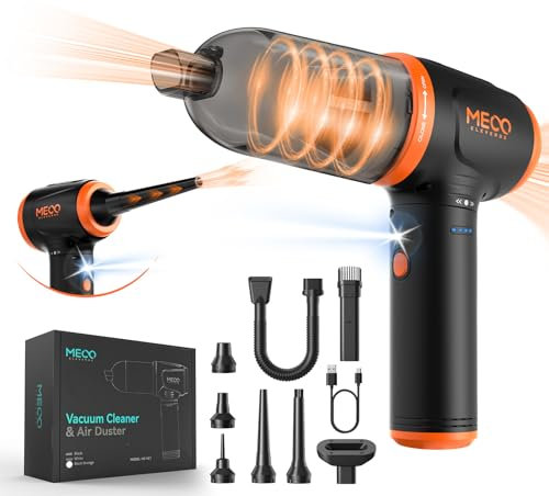 MECO ELEVERDE Computer Vacuum Cleaner 4in1, Compressed Air Duster Blower 110000RPM 16KPA Duster Cleaner with LED Light, 300ml Dust Bin keyboard cleaner kit Car cleaner for PC Home 2H Charging(Orange)