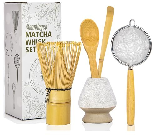 Matcha Whisk Set 5pcs – Bamboo Matcha Whisk (Chasen), Whisk Holder, Chashaku Scoop, Spoon, Fine Mesh Sifter, Starter Matcha Kit for Beginners, Tea Ceremony Gifts