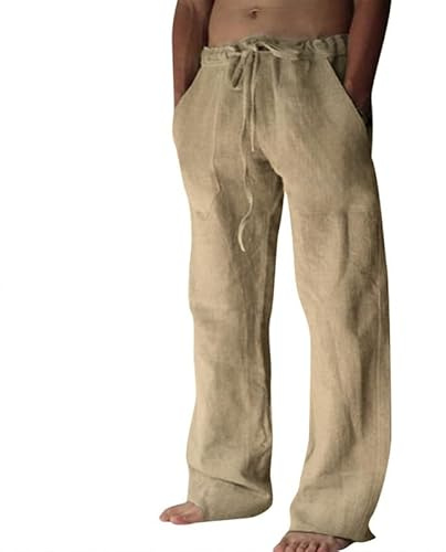 Litthing Pantalones de Lino para Hombre Pantalon de Jogging Algodón Pants Casuales de Verano con Bolsillos Color Sólido Pantalones Holgados con Cordón Pantalon Cómodos y Ligeros
