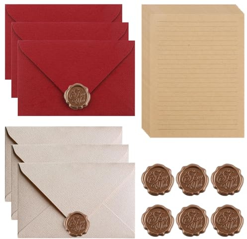 32 Stück Briefpapier mit Umschlag Set, Briefpapier Vintage Set mit 6 Kraftpapier Umschläge, 20 Briefpapier und 6 Wachssiegel-aufkleber, für Liebesbrief, Briefpapier, Edel, Hochzeit, Geburtstag