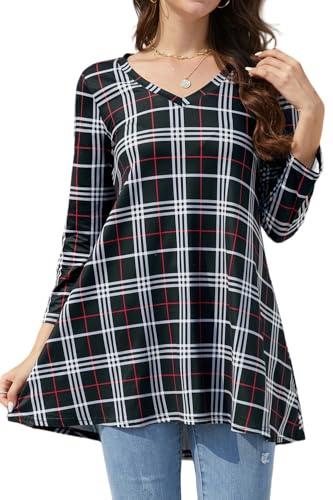 Enmain Blusas de Mujer Elegantes Tallas Grandes Manga Larga Camisetas Cuadros Mujer Holgada Cuello V Casual Túnica Elasticidad Camisas Manga 3/4 T-Shirt Negro L