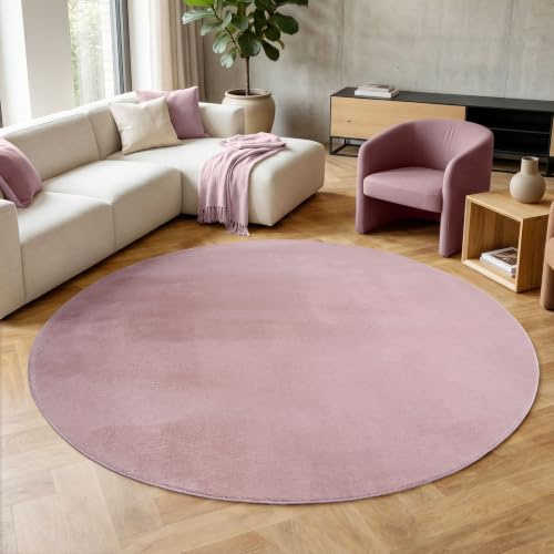 HomebyHome Runder Teppich Rosa 80 cm Waschbarer Kurzflor Teppich, rund, rutschfest & weich, modernes einfarbiges Design für Wohnzimmer, Schlafzimmer, Küche & Kinderzimmer.