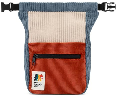 Oso Supply Co - Retro Corduroy Bouldering Bucket, Large Size Freestanding Chalk Bag for Rock Climbing, Magnetic Roll Down Closure, Dual Brush Loops, Zippered Pockets and Pouch (Blue, Clay and Cream)