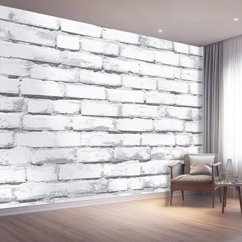 Papel Pintado Murales Decorativos 350 x 256 cm Fotomurales No Tejido, Vintage Texturizado Pared De Ladrillo Rugoso Papel de Pared para Comedores Salones Habitaciones Fondo de TV, Blanco Gris