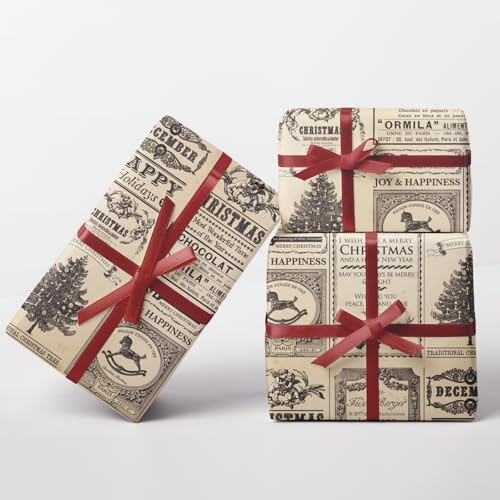 JarThenaAMCS Christmas Newspaper Wrapping Paper - Mini Roll - 17 In x 32.8 Ft Vintage Xmas Newsprint Gift Wrap Paper for DIY Crafts Winter Holiday Party Supplies
