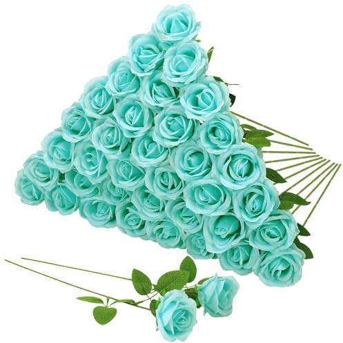 Xialvyu 36 Stück künstliche Rosen Seidenblumen Fake Rose 51cm einzelnen Langen Stiel künstlich Blumen Bouquet für Brautstrauß Arrangement Hochzeit Tafelaufsatz Party Haus Küche Dekor(Teal Blau)