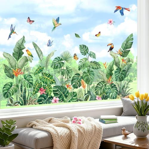 decalmile Fensterbilder Frühling Blätter Grüne Pflanzen Fensteraufkleber | Statische Anti-Kollision Fensterdeko, Beidseitiger Druck, auf Beiden Seiten klar Sichtbar, Wasserdicht, Abnehmbar