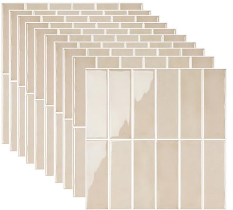 Stick on Tiles Kitchen, 30.5cmX30.5cmX2.5mm Peel and Stick Subway Metro Wall Tiles Self Adhesive, Waterproof PET Splashback Tile Stickers for Kitchen Bathroom (Beige|10pcs)