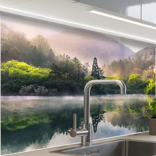 KitchenYeah© Spritzschutz Küchenrückwand Küche Abwaschbar Selbstklebend | 60x80 cm - Küchenwand Küchenfront Küchen Rückenwand Wandschutz Natur - Bäume - Berge - See - Wasser
