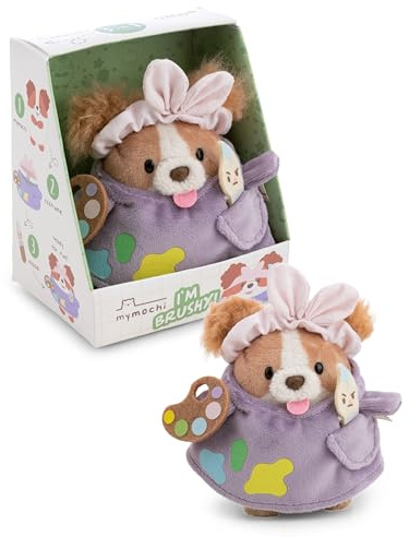 Set av gosedjur, Spaniel Brushy 8 cm, med pensel och målardräkt i presentförpackning, 8,5 x 6,5 x 10 cm, brun, mymochi-mjukisdjur i kawaii-design, mjuk och gosig för barn och vuxna | 62905