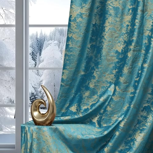 Samtvorhang Kräuselband 2er Set, Luxus Vorhänge Verdunkelung Samt, Velvet Gardinen mit Goldfolie Blätter Muster, Verdunkelungsvorhänge Thermovorhang Wohnzimmer Schlafzimmer(H260xB132CM, Blau)