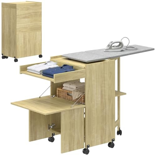 HOMCOM Mobile Asse da Stiro Pieghevole con Ruote e Portaferro da Stiro, Mobile da Stiro Multiuso con Ripiani, Vano Aperto, per Lavanderia, Bagno, 154x55x87 cm, Color Legno