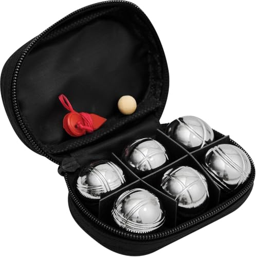 noTrash2003 David Mini Boule-set för byxväskan, Mini Boccia & Petanque set med 6 metallkulor Ø 25 mm, träboll, mättråd och dragkedjefodral, rese- och utomhusspel