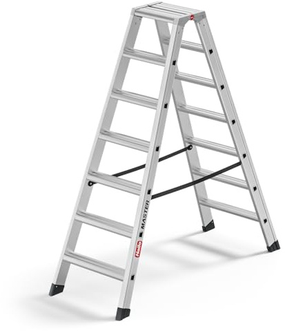 Hailo Master D100 Alu-Doppelstufenleiter 2x7 Stufen, EN 131, bis 150 kg | Beidseitig begehbar, rutschhemmende Stufen, große Abstellfläche, leicht und stabil
