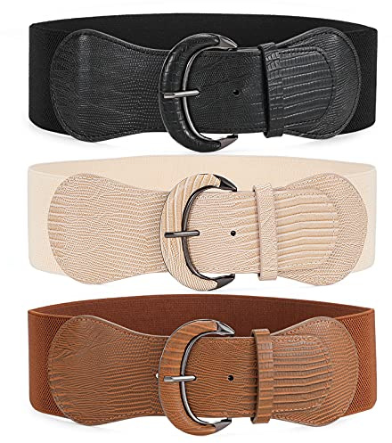 WHIPPY 3 Pack Women Wide Elastic Waist Belt Vintage Stretchy Belt Waistband for Ladies Dresses, Black/Brown/Beige, L