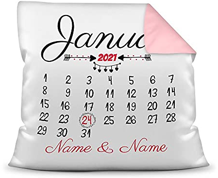 Print Royal Kissen Kalender selbst gestalten - mit anpassbarem Jahrestag - mit Namen & Datum Bedrucken - Geschenk Valentinstag, Liebe, Jahrestag, Farbkissen Rückseite Rosa, 40x40 cm